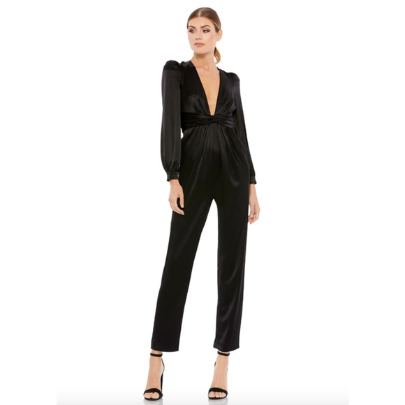 MAC DUGGAL Dress Size 6 Jumpsuit NEW Black Deep V Front Twist Puff Sleeve - Picture 7 of 7